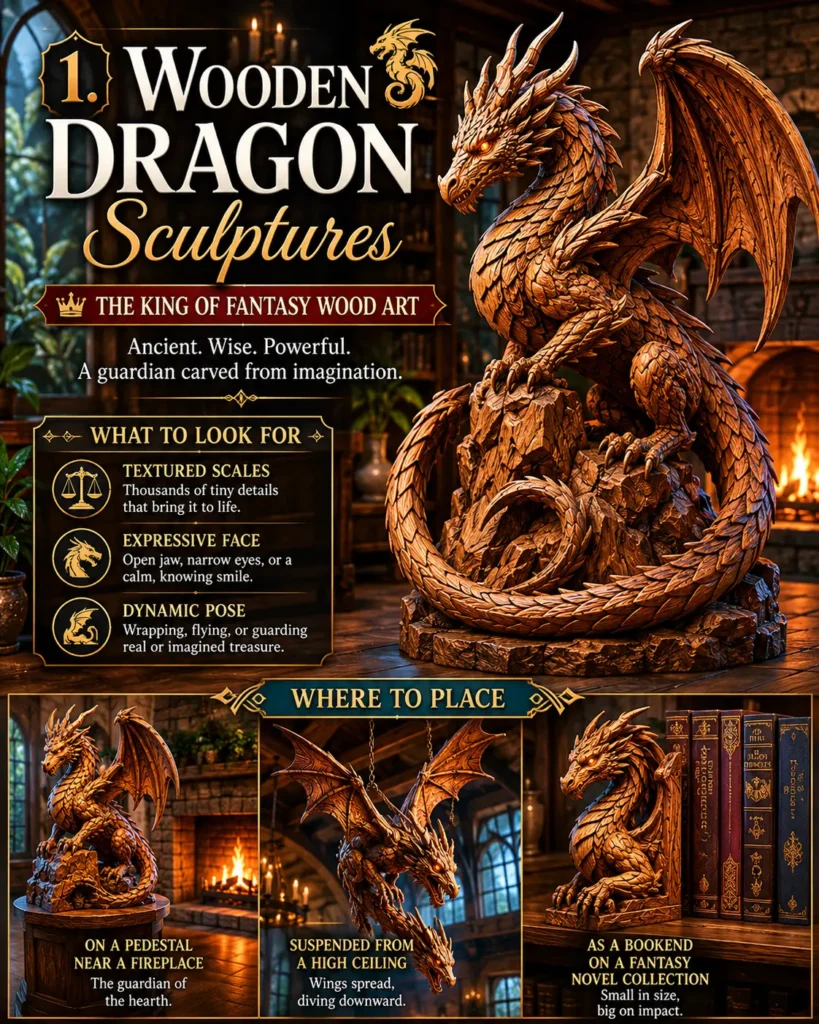 An infographic titled "1. WOODEN DRAGON SCULPTURES: THE KING OF FANTASY WOOD ART." The right side features a highly detailed, large wooden dragon statue with intricate wings and scales perched on a rock. The left column lists carving details to look for, like textured scales, an expressive face, and a dynamic pose. Below, three smaller panels illustrate ideal placements: on a pedestal near a fireplace, suspended from a high ceiling, and used as a fantasy bookend.