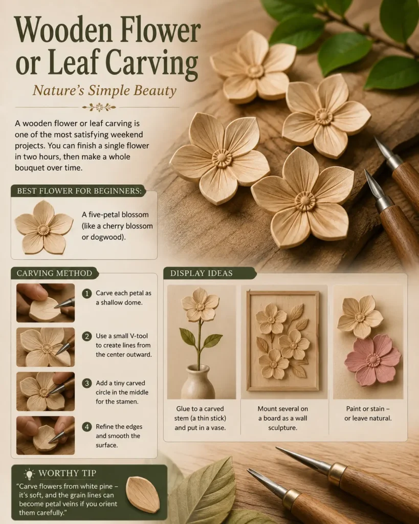 An infographic titled "WOODEN FLOWER OR LEAF CARVING: NATURE’S SIMPLE BEAUTY." The layout features four carved five-petal wooden blossoms on a wood surface alongside carving tools. Below, a four-step "CARVING METHOD" panel shows a hand shaping petals, using a V-tool for center lines, carving a stamen circle, and refining edges. A "DISPLAY IDEAS" section illustrates three options: gluing a flower to a stem in a vase, mounting several as a wall sculpture, and painting or staining them.
