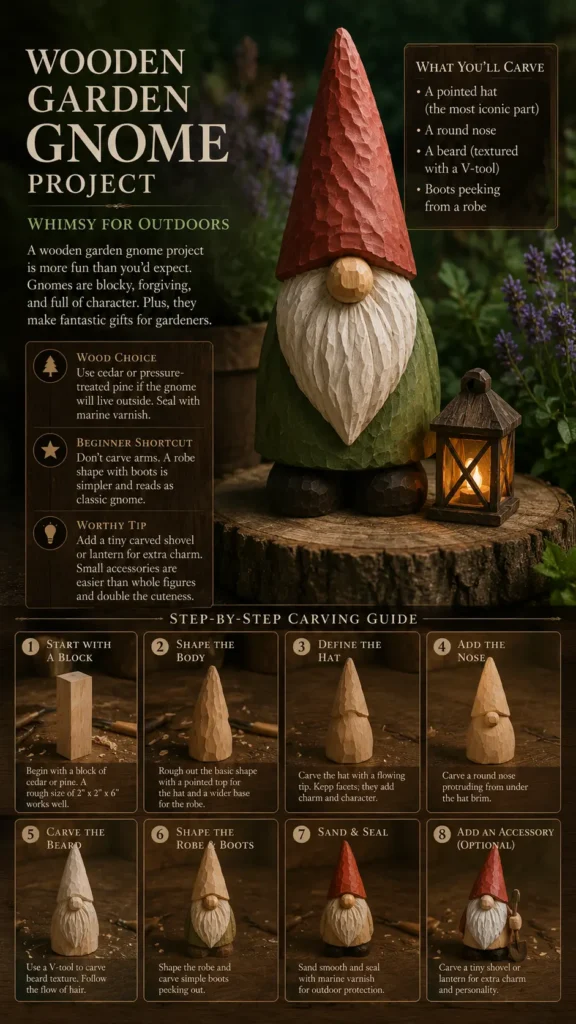 An infographic titled "WOODEN GARDEN GNOME PROJECT: WHIMSY FOR OUTDOORS." The top features a fully completed, painted wooden garden gnome with a tall red pointed hat, a textured white beard, a round nose, and a green robe standing on a tree stump next to a small lit lantern. Below, an 8-step tutorial outlines the carving process: starting with a wood block, shaping the body, defining the hat, adding the nose, carving the beard, shaping the robe, sanding/sealing, and adding an optional accessory.