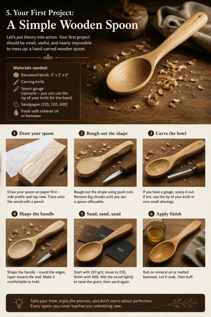 A step-by-step wood carving tutorial for beginners. The image lists necessary materials: a basswood block ($2” \times 2” \times 6”$), carving knife, optional spoon gouge, various sandpaper grits ($120, 220, 400$), and food-safe finish. The six visual steps include:Draw your spoon: Tracing a design onto the wood block.Rough out the shape: Using push cuts to create a silhouette.Carve the bowl: Scooping out the center with a gouge or knife tip.Shape the handle: Rounding and tapering for comfort.Sand, sand, sand: Smoothing the surface through multiple grits.Apply finish: Rubbing on mineral oil or beeswax.The pin features a large photo of a finished hand-carved spoon on a rustic wooden table surrounded by wood shavings.