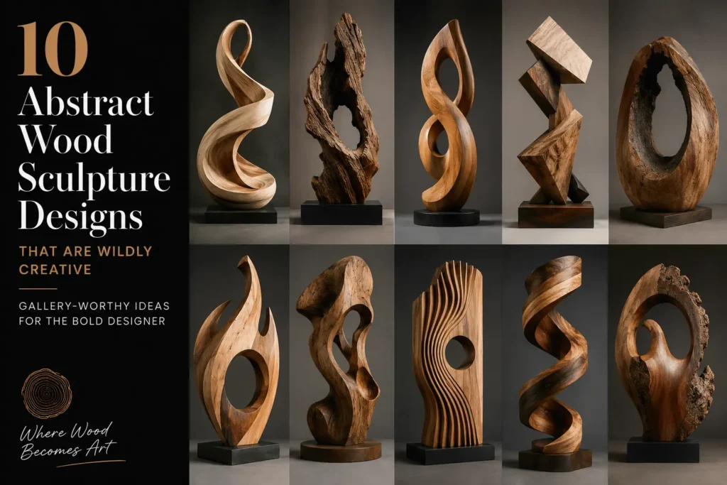 Graphic titled "10 Abstract Wood Sculpture Designs That Are Wildly Creative." A black sidebar on the left displays the subtitles "Gallery-Worthy Ideas for the Bold Designer" and "Where Wood Becomes Art" alongside a tree ring logo. The right side features ten diverse abstract wooden sculptures arranged in a horizontal 2x5 grid layout against a gray background, showcasing various styles like fluid spirals, sharp geometric blocks, flame-like shapes, and weathered organic forms. (486 characters)