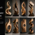 Graphic titled "10 Abstract Wood Sculpture Designs That Are Wildly Creative." A black sidebar on the left displays the subtitles "Gallery-Worthy Ideas for the Bold Designer" and "Where Wood Becomes Art" alongside a tree ring logo. The right side features ten diverse abstract wooden sculptures arranged in a horizontal 2x5 grid layout against a gray background, showcasing various styles like fluid spirals, sharp geometric blocks, flame-like shapes, and weathered organic forms. (486 characters)