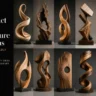 Graphic titled "10 Abstract Wood Sculpture Designs That Are Wildly Creative." A black sidebar on the left displays the subtitles "Gallery-Worthy Ideas for the Bold Designer" and "Where Wood Becomes Art" alongside a tree ring logo. The right side features ten diverse abstract wooden sculptures arranged in a horizontal 2x5 grid layout against a gray background, showcasing various styles like fluid spirals, sharp geometric blocks, flame-like shapes, and weathered organic forms. (486 characters)