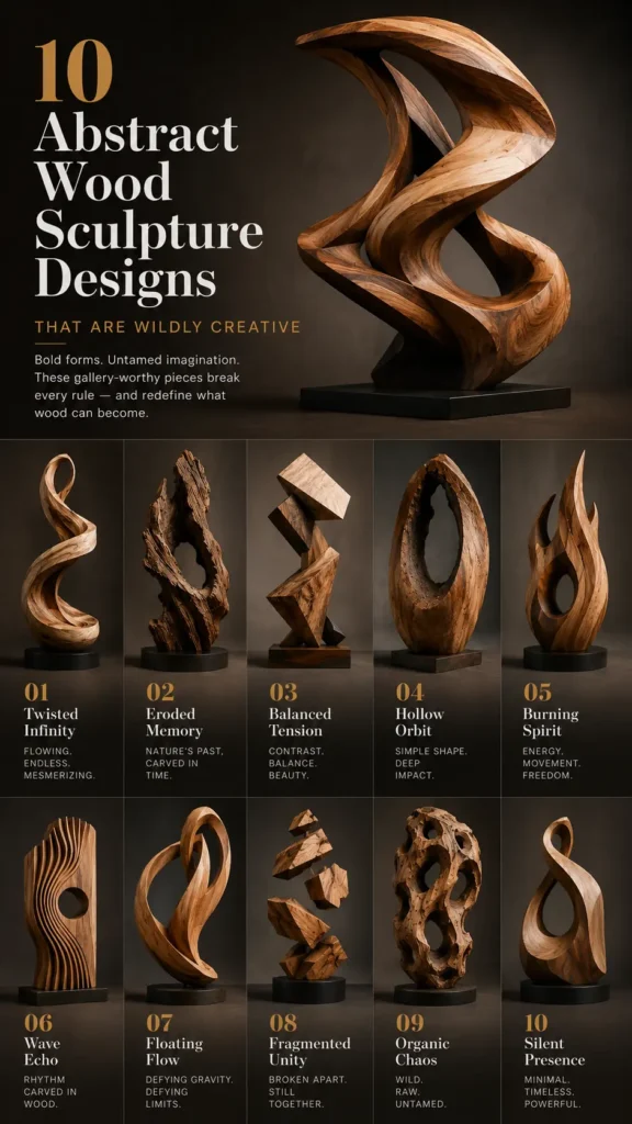 Graphic titled "10 Abstract Wood Sculpture Designs That Are Wildly Creative." The top features a large, swirling abstract wooden sculpture. Below, a 2x5 grid displays ten numbered mini-sculptures with design titles, including a fluid infinity loop, geometric blocks, a flame-like form, wavy lines, and an organic porous structure. Each piece showcases a unique artistic style ranging from sleek and polished to raw and weathered. (439 characters)