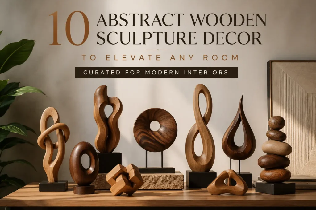 A collection of various abstract wooden sculptures in warm tones arranged on a wooden table against a neutral wall. The sculptures feature organic shapes, loops, rings, a teardrop, and stacked stones, showcasing smooth finishes and rich wood grains. Text at the top reads: "10 ABSTRACT WOODEN SCULPTURE DECOR TO ELEVATE ANY ROOM" and "CURATED FOR MODERN INTERIORS." Perfect inspiration for modern home decor and minimalist interior design.
