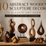 A collection of various abstract wooden sculptures in warm tones arranged on a wooden table against a neutral wall. The sculptures feature organic shapes, loops, rings, a teardrop, and stacked stones, showcasing smooth finishes and rich wood grains. Text at the top reads: "10 ABSTRACT WOODEN SCULPTURE DECOR TO ELEVATE ANY ROOM" and "CURATED FOR MODERN INTERIORS." Perfect inspiration for modern home decor and minimalist interior design.