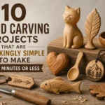 An infographic titled "10 Wood Carving Projects That Are Shockingly Simple to Make (30 Minutes or Less).webp". The image displays various small hand-carved wooden items on a rustic surface with wood shavings. Projects include a sitting cat, a leaf, a small bowl, a heart, a spoon, a mushroom, an oak leaf, a fish, and a mountain-themed pendant. A carving knife and an arrow-etched keychain are in the foreground. The text emphasizes quick, simple projects for beginners.