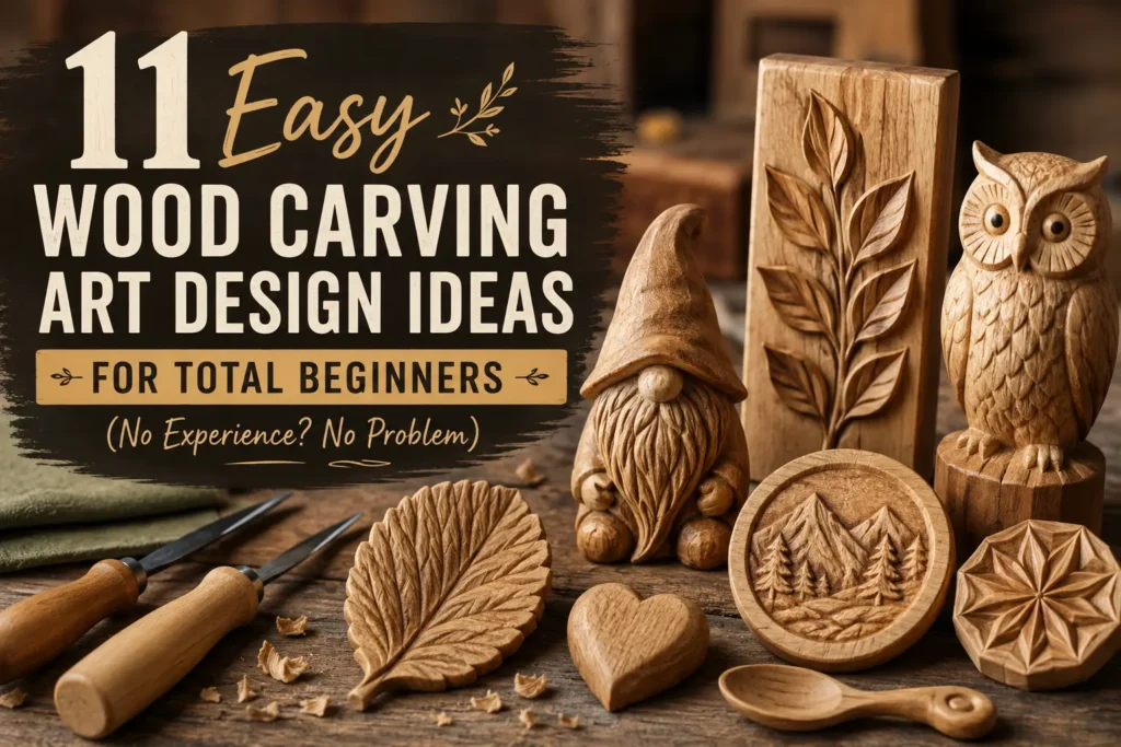An infographic titled "11 EASY WOOD CARVING ART DESIGN IDEAS FOR TOTAL BEGINNERS (NO EXPERIENCE? NO PROBLEM)." The wide image, referenced as "11 Easy Wood Carving Art Design Ideas for Total Beginners .webp", displays handcrafted projects on a workbench. Featured items include a seated garden gnome, a tall leaf relief block, a detailed owl on a stump, a circular mountain landscape plaque, a geometric medallion, a small heart, a wooden spoon, and a loose carved leaf near two woodcarving tools.