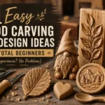 An infographic titled "11 EASY WOOD CARVING ART DESIGN IDEAS FOR TOTAL BEGINNERS (NO EXPERIENCE? NO PROBLEM)." The wide image, referenced as "11 Easy Wood Carving Art Design Ideas for Total Beginners .webp", displays handcrafted projects on a workbench. Featured items include a seated garden gnome, a tall leaf relief block, a detailed owl on a stump, a circular mountain landscape plaque, a geometric medallion, a small heart, a wooden spoon, and a loose carved leaf near two woodcarving tools.