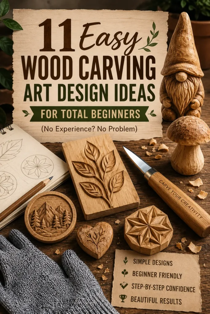 An infographic poster titled "11 EASY WOOD CARVING ART DESIGN IDEAS FOR TOTAL BEGINNERS (NO EXPERIENCE? NO PROBLEM)." The visual features a collection of carved wooden objects on a workshop table, including a garden gnome, a mushroom, a rectangular block with a raised leafy stem, a geometric starburst medallion, a small heart emblem, and a circular mountain landscape plaque. A carving knife engraved with "CARVE YOUR CREATIVITY," a sketch notebook, and a safety glove are also visible.