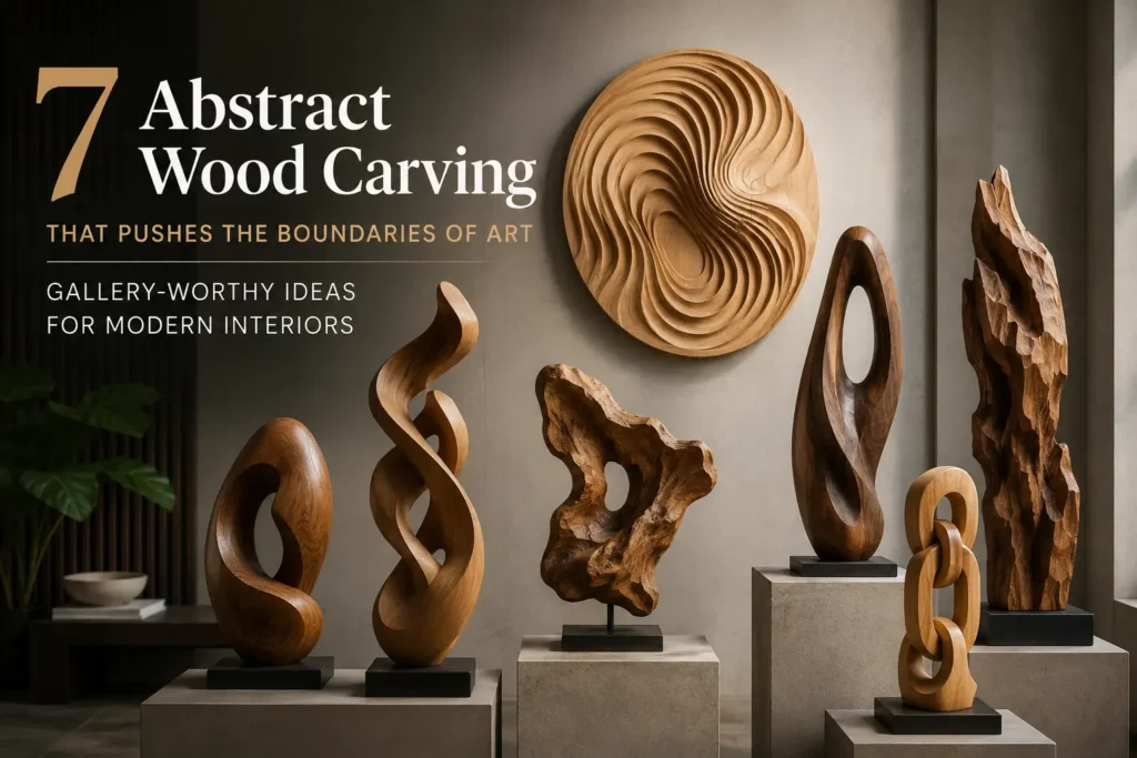 A horizontal cover image featuring six abstract wooden sculptures on modern concrete pedestals and a circular ripple-effect wooden relief hanging on the wall. Text reads: "7 Abstract Wood Carving That Pushes the Boundaries of Art: Gallery-Worthy Ideas for Modern Interiors." The sculptures display a mix of textures, from smooth, fluid twisted shapes and interlocking chain links to highly textured, rugged organic forms.