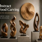 A horizontal cover image featuring six abstract wooden sculptures on modern concrete pedestals and a circular ripple-effect wooden relief hanging on the wall. Text reads: "7 Abstract Wood Carving That Pushes the Boundaries of Art: Gallery-Worthy Ideas for Modern Interiors." The sculptures display a mix of textures, from smooth, fluid twisted shapes and interlocking chain links to highly textured, rugged organic forms.