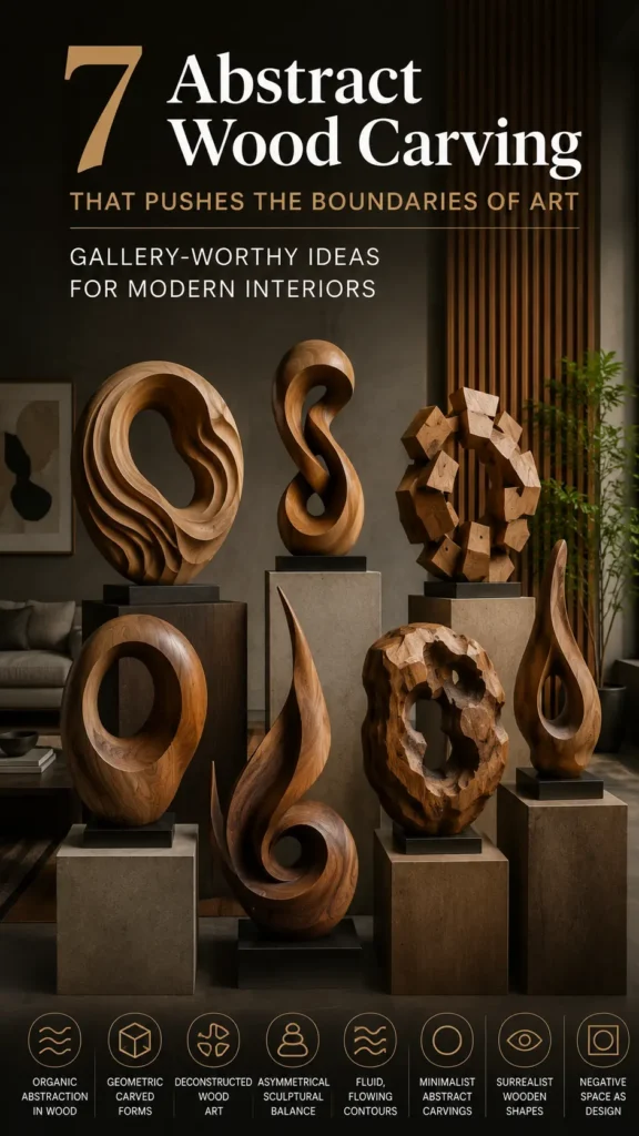 An infographic displaying seven diverse abstract wood sculptures on pedestals in a contemporary room. Text at the top reads: "7 Abstract Wood Carving That Pushes the Boundaries of Art." Icons at the bottom highlight design categories like organic abstraction, geometric forms, asymmetrical balance, fluid contours, and negative space. The sculptures feature a variety of textures, from smooth, looping ribbons to a jagged ring of blocks and a textured, hollow stone-like form.