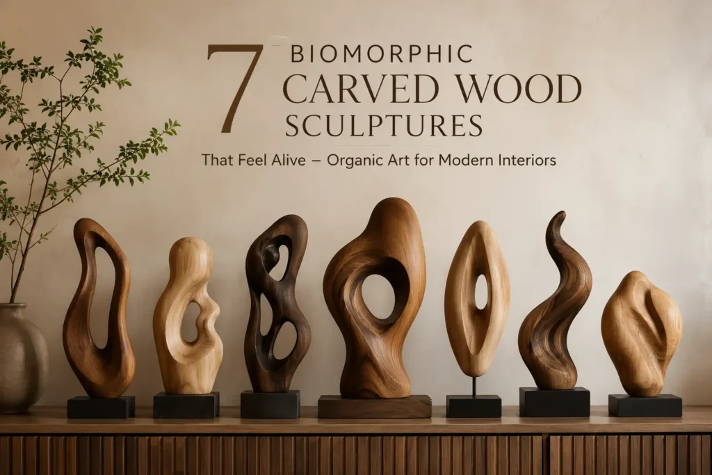 A wide landscape shot of seven biomorphic carved wood sculptures lined up on a fluted wooden console table. Each abstract sculpture showcases unique fluid shapes, cutouts, and distinct natural wood grain tones. On the warm textured wall above, elegant brown typography reads: "7 Biomorphic Carved Wood Sculptures That Feel Alive – Organic Art for Modern Interiors." A ceramic vase with delicate green branches sits on the far left, completing the modern earthy aesthetic.