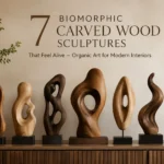 A wide landscape shot of seven biomorphic carved wood sculptures lined up on a fluted wooden console table. Each abstract sculpture showcases unique fluid shapes, cutouts, and distinct natural wood grain tones. On the warm textured wall above, elegant brown typography reads: "7 Biomorphic Carved Wood Sculptures That Feel Alive – Organic Art for Modern Interiors." A ceramic vase with delicate green branches sits on the far left, completing the modern earthy aesthetic.
