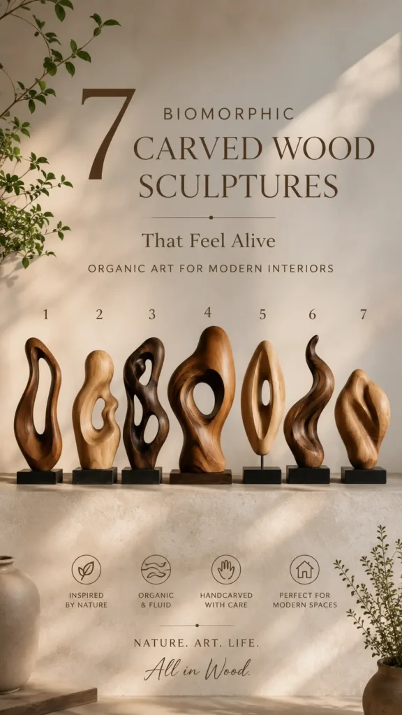 A collection of 7 biomorphic carved wood sculptures displayed in a row on a ledge against a warm beige wall with soft shadows. Each abstract organic sculpture features fluid, twisting shapes and open cutouts in varying shades of natural wood grain. Text reads "7 Biomorphic Carved Wood Sculptures That Feel Alive - Organic Art for Modern Interiors." Icons at the bottom highlight features like "Inspired by Nature," "Organic & Fluid," "Handcarved with Care," and "Perfect for Modern Spaces."