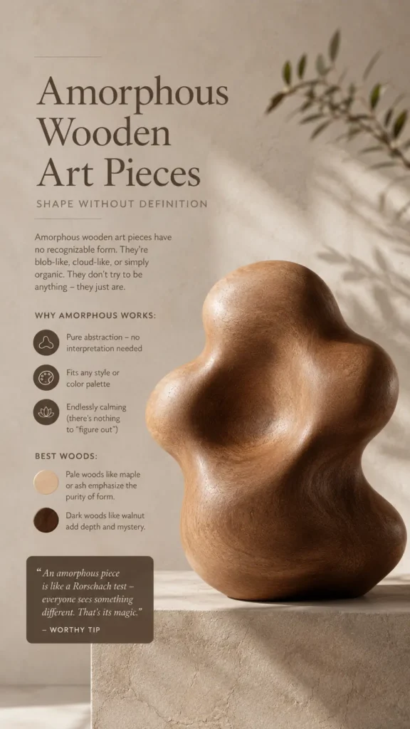 An infographic featuring a smooth, undulating amorphous wooden sculpture with a rich natural grain, resting on a textured stone pedestal. The background is a minimalist beige wall with leafy shadows. Elegant typography reads "Amorphous Wooden Art Pieces - Shape Without Definition." The graphic includes bullet points explaining why abstract art works, wood recommendations (like maple, ash, and walnut), and a prominent quote comparison describing the artwork to a Rorschach test.