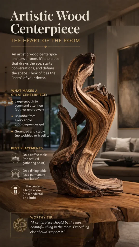 Here is the optimized ALT text for your Pinterest pin: Pinterest infographic from Artistic Wood Centerpiece – The Heart of the Room.webp featuring a large, twisted driftwood sculpture on a live edge table. Text details what makes a great centerpiece and lists best placements like a coffee table, dining table, or pedestal. A "Worthy Tip" box notes: "A centerpiece should be the most beautiful thing in the room." Background shows a modern living room. Great for rustic interior styling and organic home decor ideas.