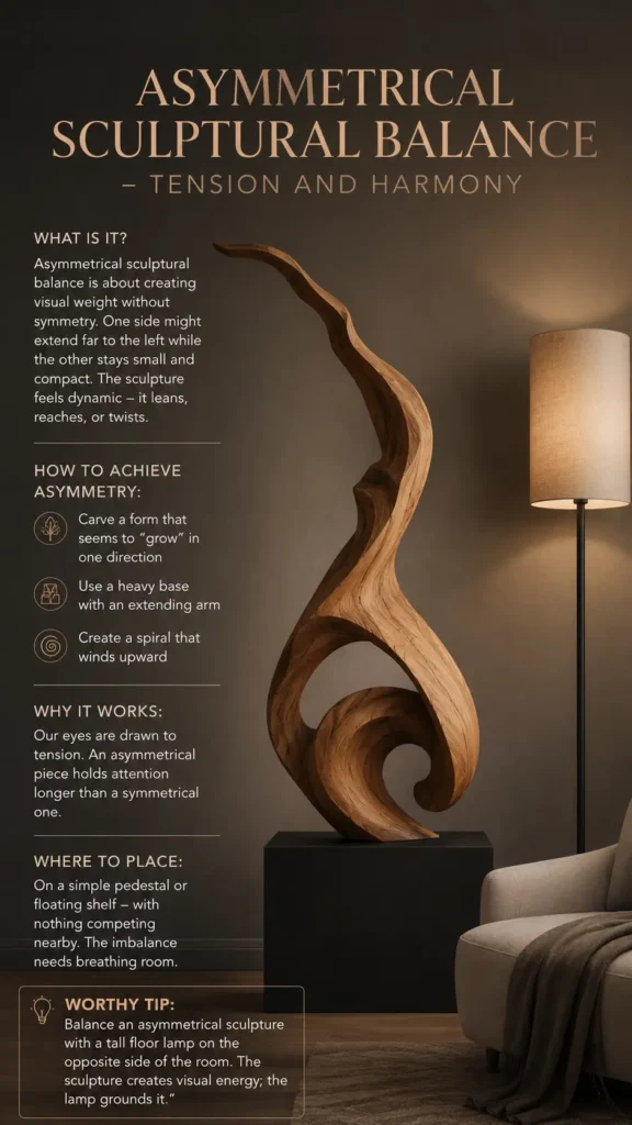 An educational infographic titled "Asymmetrical Sculptural Balance – Tension and Harmony." It displays a tall, fluidly carved wooden sculpture that curves upward like a flame on a black pedestal next to an armchair and floor lamp. The text breaks down the concept of asymmetry, detailing how to achieve it, why it works visually by creating tension, and providing tips on where to place the artwork to give it breathing room.