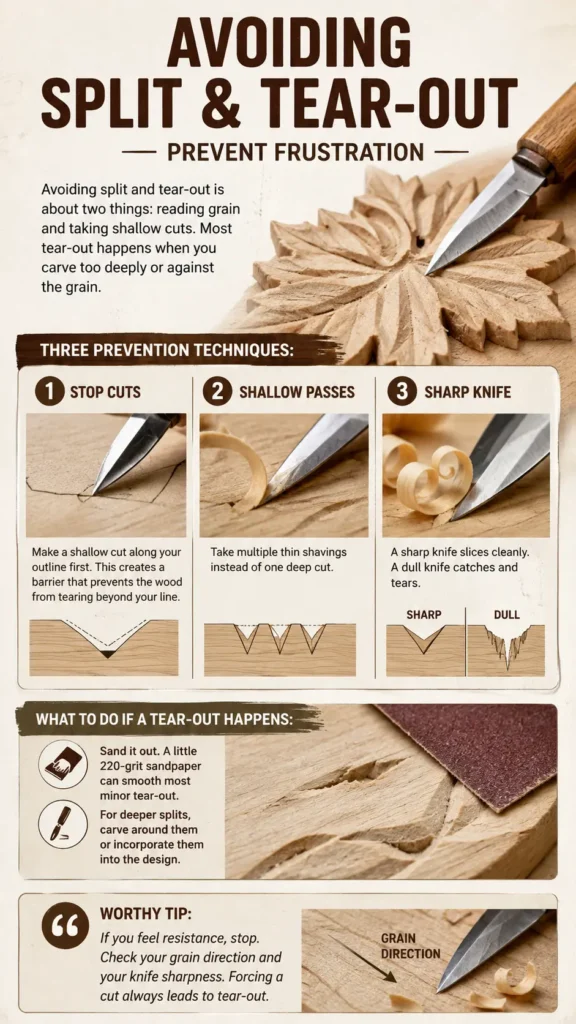 An infographic titled "Avoiding Split and Tear-Out – Prevent Frustration.webp" detailing woodcarving techniques. The top displays a carved wooden leaf. The middle section lists "Three Prevention Techniques" with photos and diagrams: 1) Stop Cuts to create barriers, 2) Shallow Passes using multiple thin shavings, and 3) Sharp Knife vs. Dull Knife results. Below, it suggests sanding out minor tear-outs with 220-grit sandpaper. A tip at the bottom advises stopping if you feel resistance to check grain direction.