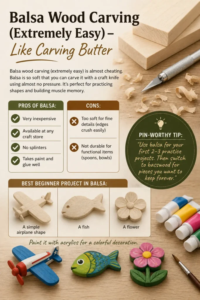 An infographic titled "BALSA WOOD CARVING (EXTREMELY EASY) – LIKE CARVING BUTTER.webp". The top shows raw balsa wood blocks next to a craft knife and wood shavings. Two columns list the pros (inexpensive, no splinters) and cons (too soft for fine details) of balsa. The middle shows unpainted beginner shapes: an airplane, a fish, and a flower. The bottom features these same shapes beautifully painted with colorful acrylics next to paint tubes and a paintbrush.