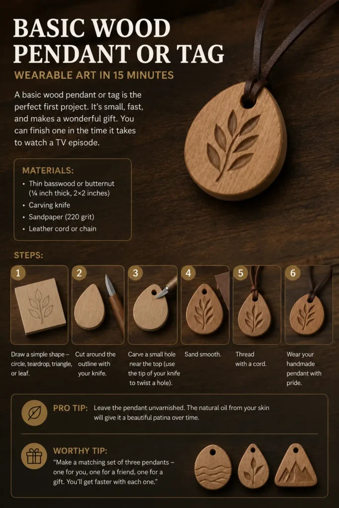 An infographic titled "Basic Wood Pendant or Tag – Wearable Art in 15 Minutes.webp". The image shows a completed, teardrop-shaped wooden pendant carved with a leaf pattern, attached to a leather cord. Below, six step-by-step images illustrate the crafting process: drawing a shape on a wooden block, cutting the outline, carving a hole, sanding, adding a cord, and wearing it. A materials list, crafting tips, and examples of different carved designs are also featured.