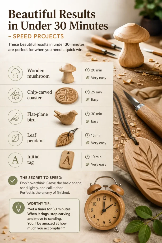 An infographic titled "Beautiful Results in Under 30 Minutes – Speed Projects.webp" showcasing five quick woodcarving projects. A list features a wooden mushroom, chip-carved coaster, flat-plane bird, leaf pendant, and initial tag, each with time and difficulty ratings. The background displays a wooden workbench with a carved mushroom, a large leaf-etched pendant, a carving knife, wood shavings, and an old-fashioned twin-bell alarm clock. Tips for carving efficiently are included at the bottom.
