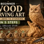 An infographic titled "BEGINNER WOOD CARVING ART: FROM ZERO TO STUNNING IN 5 STEPS - THE ULTIMATE GUIDE FOR FIRST-TIMERS." The vertical layout features a detailed wooden owl carved onto a tree stump on a workbench covered in wood shavings, with a carving knife in the foreground. A vertical timeline on the left lists the 5 steps with small circular progress icons: 1) Choose Your Wood, 2) Draw & Outline, 3) Carve the Basics, 4) Detail & Refine, and 5) Finish & Protect.