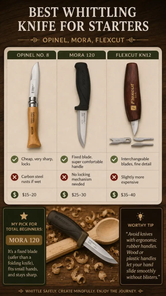An infographic comparison chart titled "Best Whittling Knife for Starters (Opinel, Mora, Flexcut).webp". It features a table comparing three beginner carving knives: the Opinel No. 8 folding knife, the Mora 120 fixed blade knife, and the Flexcut KN12 with interchangeable blades. Pros, cons, and prices are listed for each. At the bottom, a "My Pick for Total Beginners" section recommends the Mora 120, showcasing it resting on a wood block with a hand-carved spoon and wood shavings.