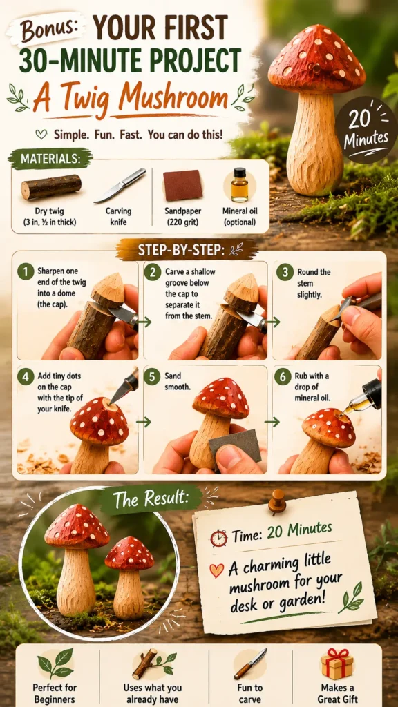 An infographic titled "Bonus: Your First 30-Minute Project – A Twig Mushroom". The image features a finished red-and-white spotted wooden mushroom on a mossy background. A materials section lists a dry twig, carving knife, sandpaper, and mineral oil. Six numbered step-by-step photos show hands carving the twig into a dome, separating the cap from the stem, sanding, and oiling. The bottom showcases "The Result" with two finished mushrooms and a note stating it takes only 20 minutes.