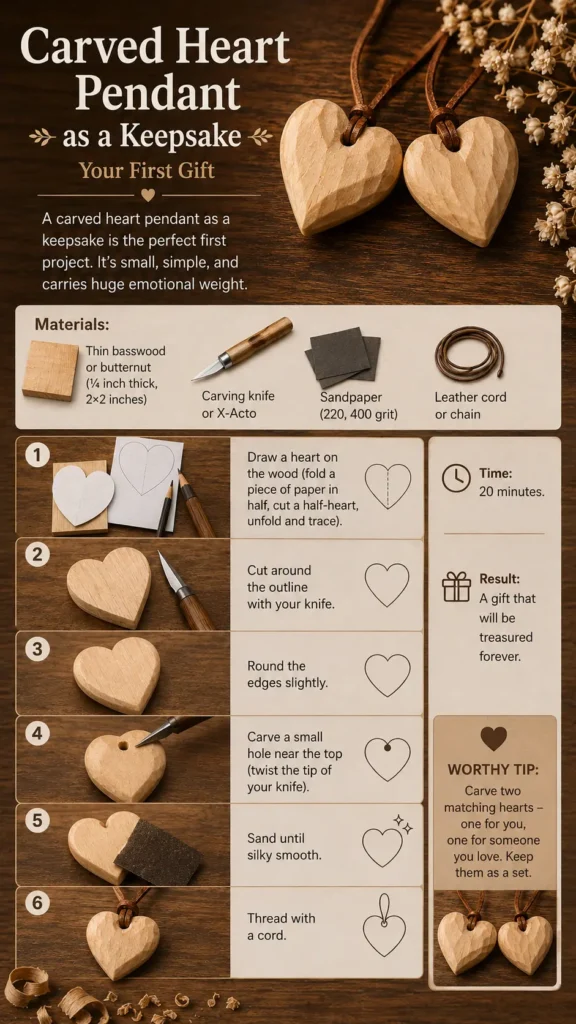 An instructional infographic titled "Carved Heart Pendant as a Keepsake – Your First Gift" details a 6-step DIY wood carving project. The guide lists materials including basswood, a carving knife, sandpaper, and a leather cord. Steps show tracing a heart, cutting the outline, rounding edges, making a hole, sanding, and threading the cord. Features two finished hand-carved wooden heart pendants.
