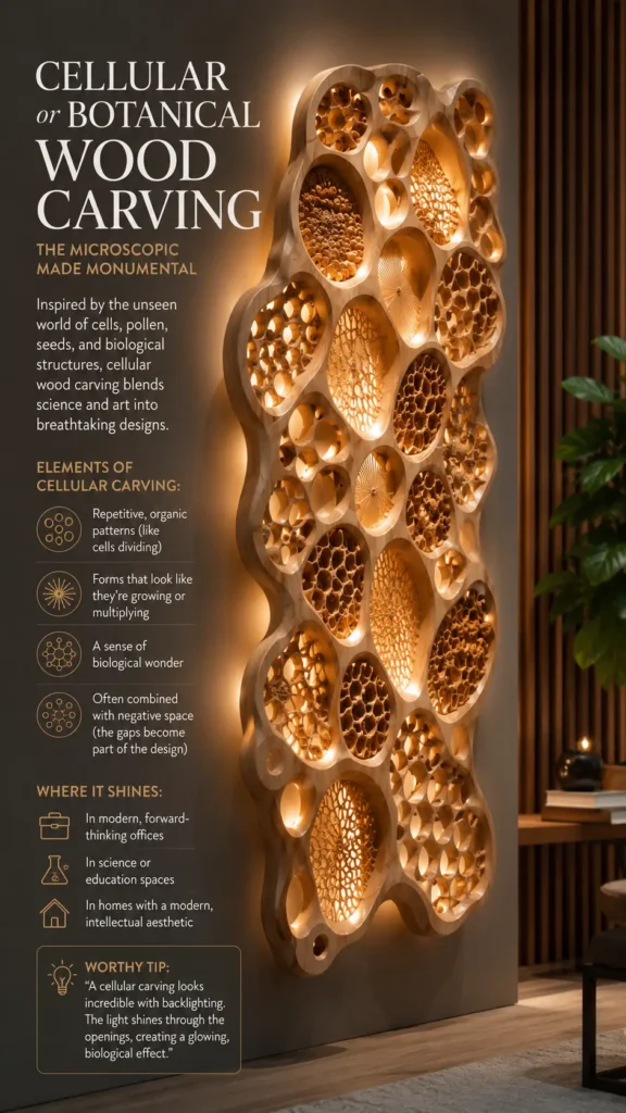 An infographic showcasing a large, organic wooden wall panel carving with a cellular, honeycombed design inspired by biological structures. The panel is backlit with warm light, illuminating the intricate patterns from behind. Typography on the left reads "Cellular or Botanical Wood Carving – The Microscopic Made Monumental." The text lists elements like repetitive organic patterns and biological wonder, suggesting best placements for offices, science spaces, or modern homes.