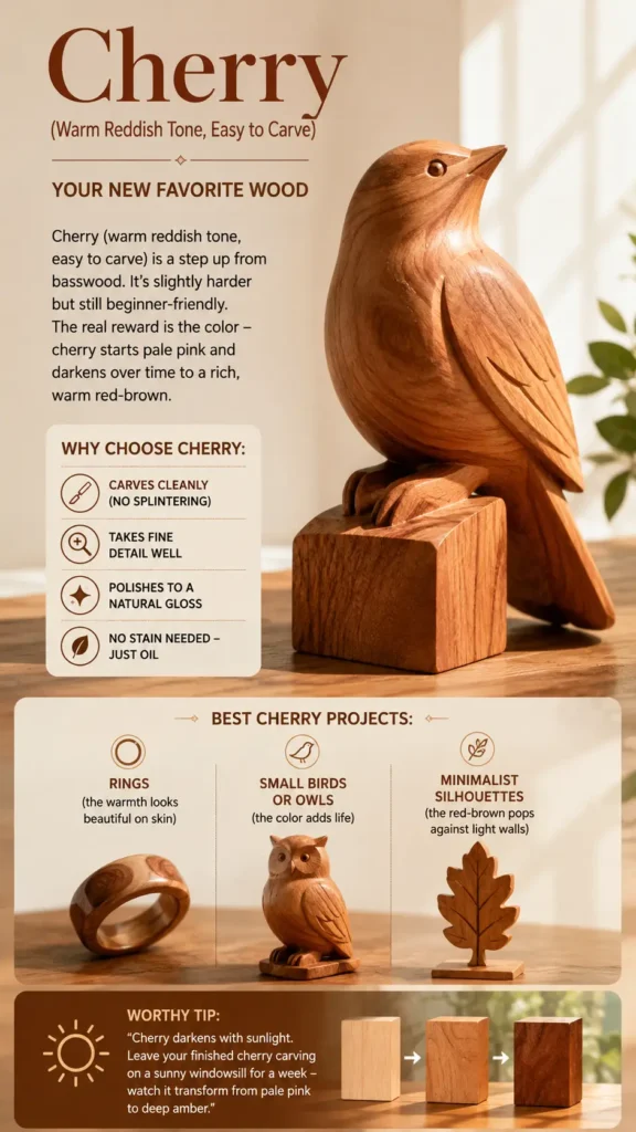 An infographic titled Cherry (Warm Reddish Tone, Easy to Carve) – Your New Favorite Wood.webp. The top right highlights a polished, warm reddish-brown wooden bird perched on a block. Text on the left explains the benefits of cherry wood, like clean carving and natural gloss. A "Best Cherry Projects" section displays three examples: a wooden ring, a small owl, and a leaf silhouette. The bottom tip illustrates how cherry wood darkens from pale pink to deep amber over time with sunlight.