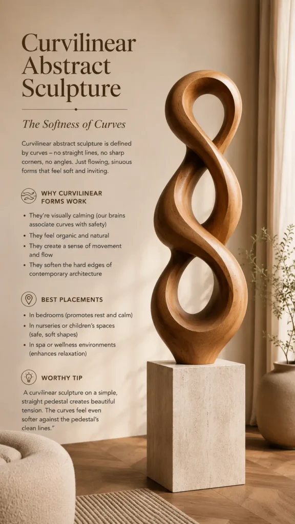 An educational graphic showcasing a tall, twisting curvilinear wooden sculpture with a figure-eight style loop, standing on a rectangular stone pedestal. The title text reads "Curvilinear Abstract Sculpture – The Softness of Curves." The infographic lists design tips, detailing why curvilinear forms work (calming, organic, creating movement) and the best placements for them, such as bedrooms, nurseries, and spa environments, set against a warm, modern interior backdrop.