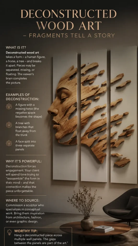 An educational infographic titled "Deconstructed Wood Art – Fragments Tell a Story." It showcases a triptych wall art installation of a human face carved from wood that appears to shatter into floating fragments across three vertical panels. The accompanying text defines deconstructed wood art, provides visual examples, explains why the style forces viewer engagement, and offers tips on sourcing and hanging the fragmented artwork.