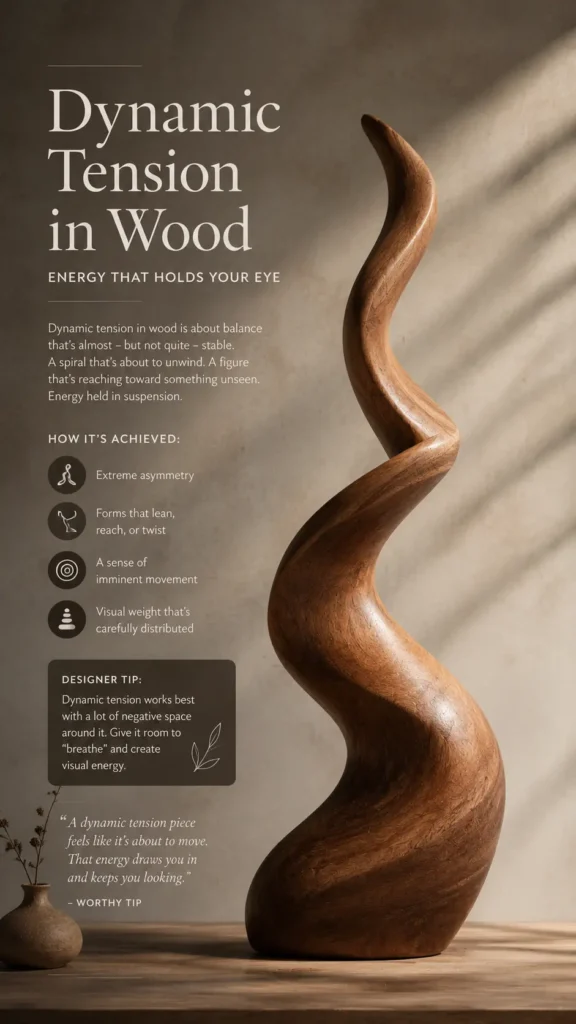 An infographic featuring a large, fluidly twisting wooden sculpture with a flame-like spiral shape, resting on a wooden surface. Strong, slotted sunlight shadows fall across the warm beige background. Text on the left reads "Dynamic Tension in Wood – Energy That Holds Your Eye." The graphic outlines how this tension is achieved—extreme asymmetry, leaning or twisting forms, and imminent movement—alongside a designer tip recommending negative space to let the artwork breathe.