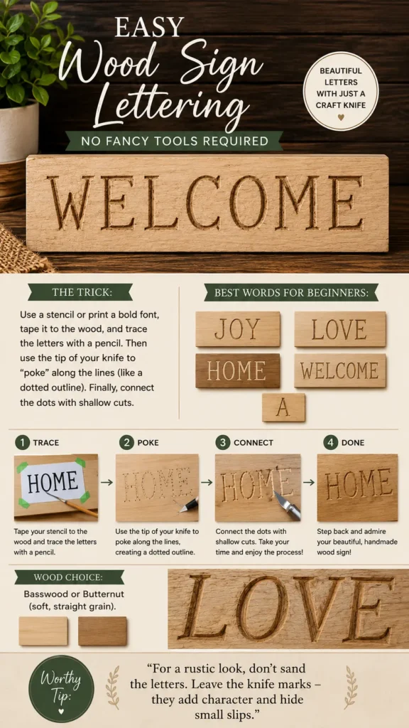 An infographic titled "Easy Wood Sign Lettering – No Fancy Tools Required.webp". The image shows a long wooden block with the word "WELCOME" hand-carved into it. Below, four numbered panels illustrate the process using the word "HOME": tracing a taped stencil with a pencil, poking dots with a knife tip along the lines, connecting the dots with shallow cuts, and the finished piece. Other sections display beginner word ideas like "JOY" and "LOVE", wood choices, and a rustic carving tip.