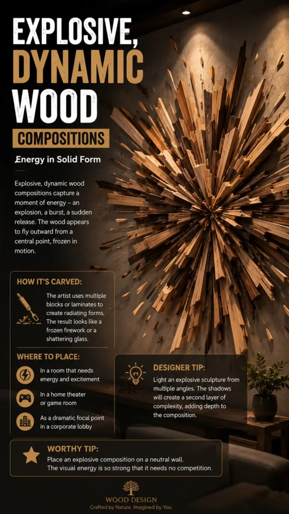 Graphic titled "Explosive, Dynamic Wood Compositions – Energy in Solid Form." It showcases a large wall installation made of countless wooden shards radiating outward from a central point, resembling a frozen explosion or firework. The left side features text explaining the carving method and placement ideas for home theaters or lobbies. A "Designer Tip" box offers lighting advice, while a "Worthy Tip" box rests above the "Wood Design" logo at the bottom. (464 characters)
