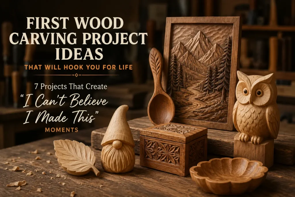 An educational graphic titled "First Wood Carving Project Ideas That Will Hook You for Life.webp". The text reads "7 Projects That Create 'I Can’t Believe I Made This' Moments." Hand-carved wooden items rest on a workshop table scattered with wood shavings. The creations include a framed mountain relief landscape, an owl figurine, a large decorative spoon, a small garden gnome, an patterned trinket box, a carved leaf, and a small scalloped wooden bowl.