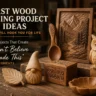 An educational graphic titled "First Wood Carving Project Ideas That Will Hook You for Life.webp". The text reads "7 Projects That Create 'I Can’t Believe I Made This' Moments." Hand-carved wooden items rest on a workshop table scattered with wood shavings. The creations include a framed mountain relief landscape, an owl figurine, a large decorative spoon, a small garden gnome, an patterned trinket box, a carved leaf, and a small scalloped wooden bowl.