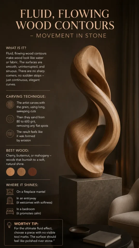 An educational infographic titled "Fluid, Flowing Wood Contours – Movement in Stone." It features a large, smooth, twisting wooden sculpture resembling an elegant loop or ribbon, displayed on a stone pedestal. The text explains techniques for achieving a water-like or eroded surface, lists suitable woods like cherry, butternut, and mahogany, and provides tips on placing the sculpture in entryways or bedrooms to promote calmness.