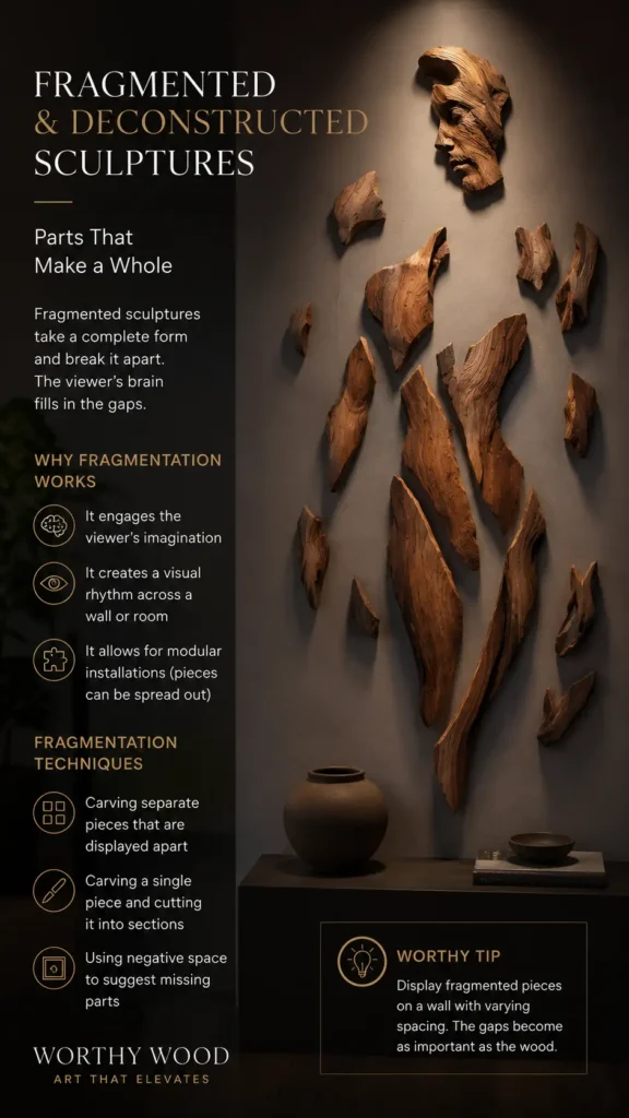 Graphic titled "Fragmented & Deconstructed Sculptures – Parts That Make a Whole." It features a wall installation of a fragmented wooden sculpture depicting a disassembled human figure, with a carved face at the top and abstract wood pieces forming a body below. A black sidebar on the left details why fragmentation works and lists structural techniques. At the bottom, a "Worthy Tip" box sits next to a dark table holding a ceramic vase. "Worthy Wood" logo at base. (472 characters)