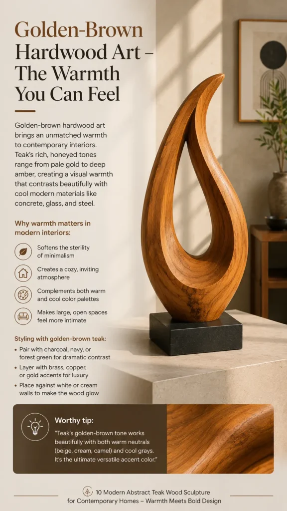 An infographic titled "Golden-Brown Hardwood Art – The Warmth You Can Feel_2.webp". It features a large, flame-shaped abstract teak wood sculpture with an organic opening and rich, honey-toned wood grain patterns, resting on a black square base. The surrounding text outlines why warmth matters in contemporary interior design and offers practical styling tips, emphasizing how golden-brown teak complements neutral tones and softens minimalist spaces.