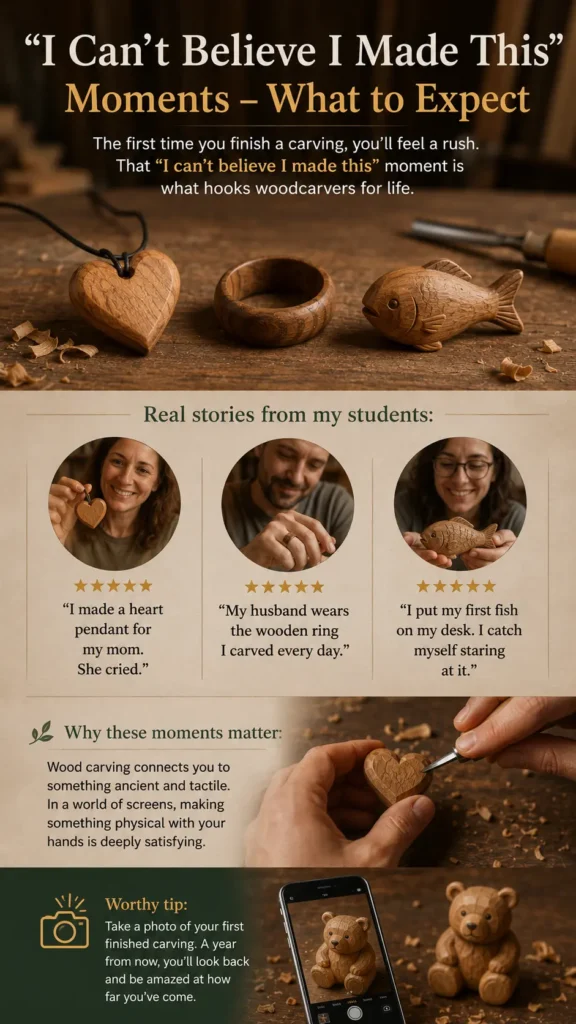 An infographic titled "“I Can’t Believe I Made This” Moments – What to Expect.webp". The image shows three finished wooden carvings at the top: a heart pendant, a ring, and a fish. Below, student testimonials feature photos of smiling people holding their creations. Another section shows hands carefully carving a wooden heart with a detail knife. At the bottom, a "Worthy tip" advises taking photos of progress, displaying a smartphone camera taking a picture of a carved wooden teddy bear.