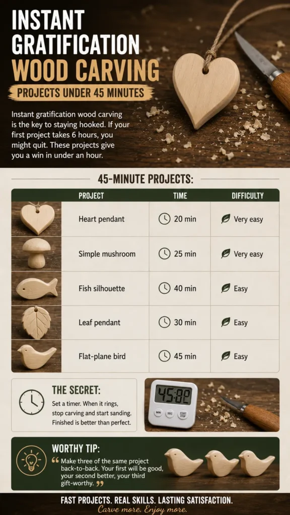 An instructional guide infographic titled "Instant Gratification Wood Carving – Projects Under 45 Minutes.webp". The image lists quick, beginner-friendly projects in a table format: heart pendant (20 min), simple mushroom (25 min), fish silhouette (40 min), leaf pendant (30 min), and a flat-plane bird (45 min). A digital timer reads 45:00 next to a carving knife, and a "Worthy Tip" section at the bottom displays three completed wooden bird carvings lined up on a dark green background.
