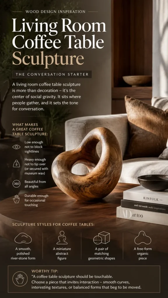 An infographic pin from Living Room Coffee Table Sculpture – The Conversation Starter.webp featuring a smooth, twisting organic wood sculpture on a wooden coffee table next to stacked design books. Text overlays explain "What makes a great coffee table sculpture," highlighting visibility, weight, and durability for touching. Icons at the bottom detail various styles, including free-form organic pieces. Perfect for modern living room decor ideas and minimalist styling inspiration.