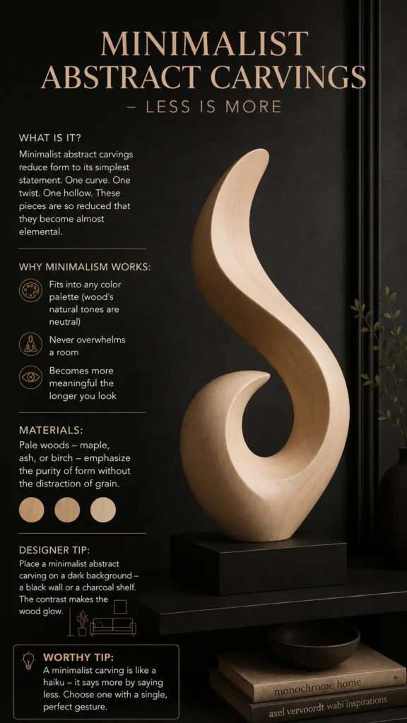 An educational infographic titled "Minimalist Abstract Carvings – Less Is More." It features a light-colored, smoothly carved wooden sculpture shaped like an elegant S-curve on a black base. The text explains how minimalism reduces forms to an elemental statement, notes materials like maple, ash, or birch, and offers designer tips, such as placing the carving against a dark background to make the wood glow.