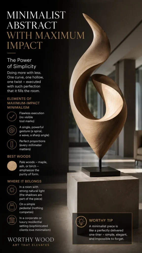 Graphic titled "Minimalist Abstract with Maximum Impact – The Power of Simplicity." It showcases a large, light-colored wooden sculpture with a smooth, sweeping spiral loop that tapers to a fine point at the top. The sculpture rests on a thin black stand atop a stone pedestal in a sunlit interior. A dark sidebar on the left details minimalist elements, recommended wood types, and optimal placements. A "Worthy Tip" box and the "Worthy Wood" logo are at the bottom. (480 characters)