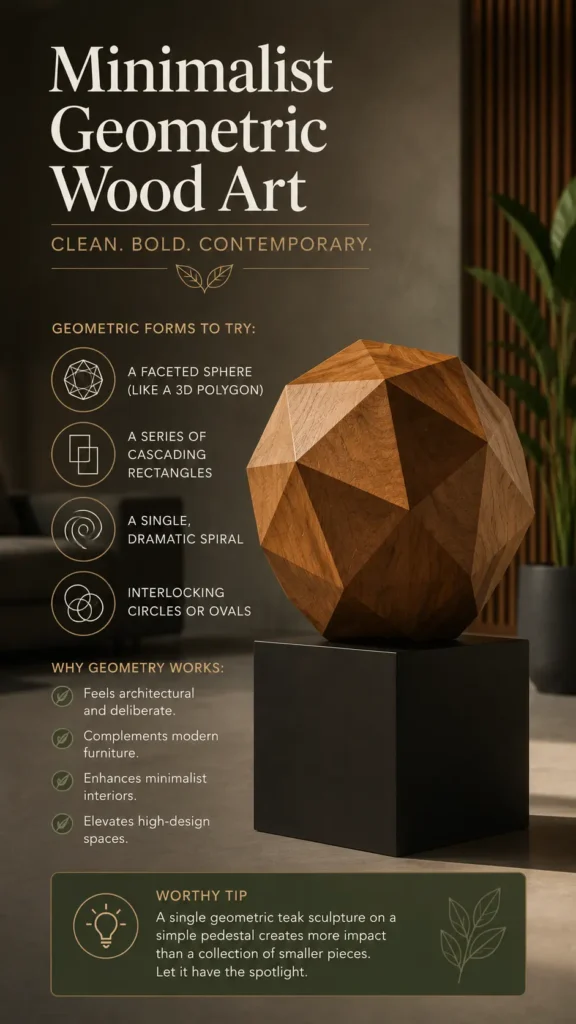 An infographic titled "Minimalist Geometric Wood Art – Clean, Bold, Contemporary.webp". It features a large geometric teak wood sculpture shaped like a 3D faceted polygon sphere, showcasing prominent wood grain textures and resting on a matte black cube pedestal. The text details geometric forms to try and explains why geometry works in design—noting it feels architectural, complements modern furniture, and elevates high-design spaces. A "Worthy Tip" box suggests letting a single piece have the spotlight.