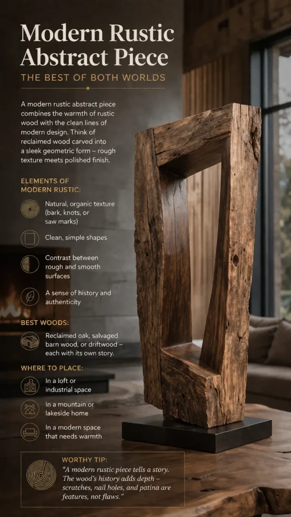 An infographic pin from Modern Rustic Abstract Piece – The Best of Both Worlds.webp showing a tall geometric frame sculpture made of weathered, reclaimed wood on a black base. Text overlays highlight elements of "Modern Rustic" design, contrasting rough textures with smooth surfaces. Recommended materials include reclaimed oak and driftwood, with suggestions to place the art in lofts, mountain homes, or modern rooms needing warmth. Ideal for industrial, rustic, and modern interior decor ideas.